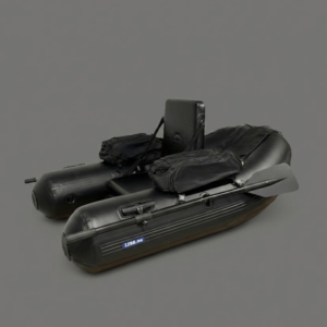 Czarny belly boat 12BB Jumbo XS z wiosłami i wysokim siedziskiem – widok ogólny.